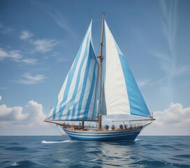 Fototapeta premium Blue striped background with a large sailboat on it, sailing, waves, serene