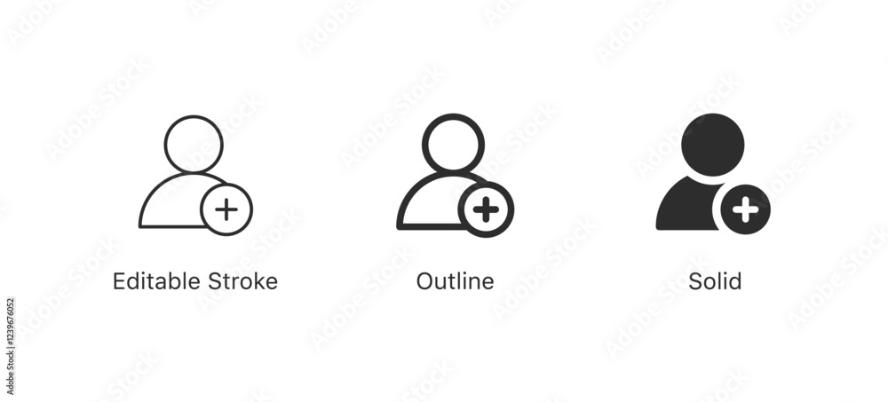 Poster Add user icon or add friends icons set vector male person profile avatar with plus symbol, add account app sign ; new user account or add new friend icons. editable stroke