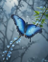 Obraz premium Blue watercolor butterfly on a branch with dew drops, blue butterfly, flowers, watercolor art