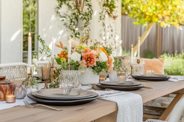 Beautifully arranged outdoor table setting with fresh flowers for a gathering in the afternoon sunlight