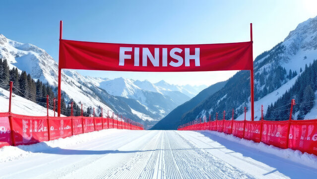 A red finish line banner stretches across a snowy ski slope against a backdrop of majestic mountains under a clear blue sky. Concept of: Victory achieved. Cross-Country Skiing Ski Championships