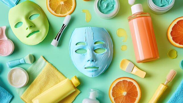 A soothing skincare routine setup with a face roller, sheet masks, and refreshing mist