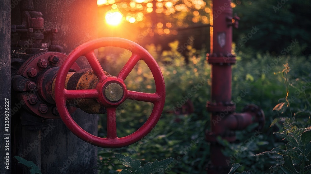 Poster bright red hand wheels on industrial valves, seamlessly blending with lush surroundings and a serene