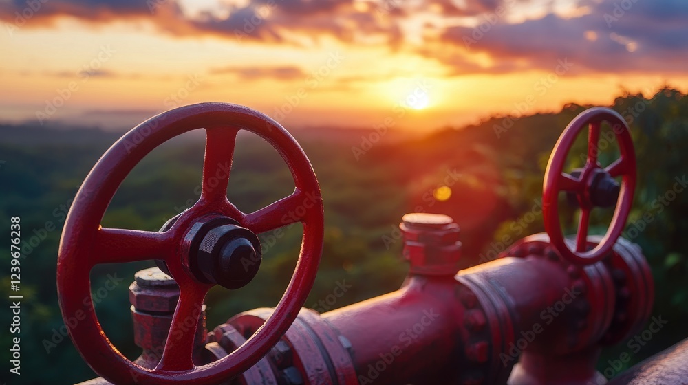 Poster bright red hand wheels on industrial valves, seamlessly blending with lush surroundings and a serene