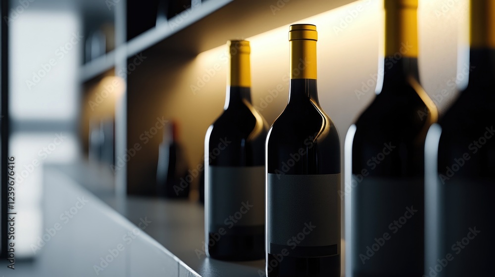 Poster Clean, minimalist design featuring wine bottles with vibrant caps and intricate labels, illuminated by soft studio lighting, offering a modern touch to classic elegance.