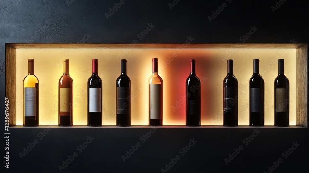 Poster clean, minimalist design featuring wine bottles with vibrant caps and intricate labels, illuminated 