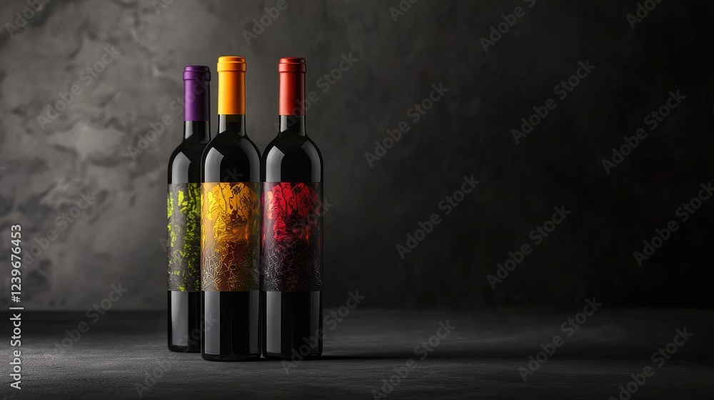 Poster clean, minimalist design featuring wine bottles with vibrant caps and intricate labels, illuminated 