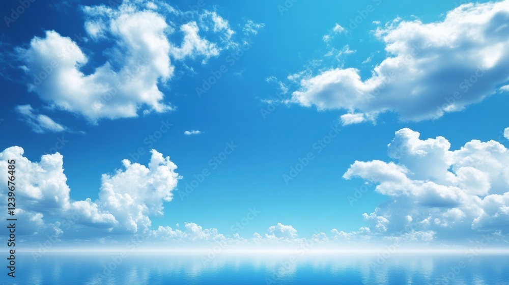 Poster vibrant blue sky with fluffy clouds reflecting on calm ocean waters during midday. generative ai