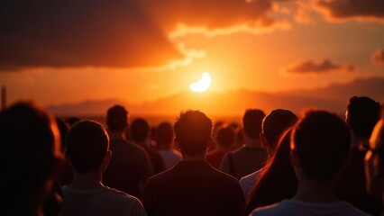 A crowd of people is silhouetted against a vibrant orange sky during a solar eclipse. Concept of Wonder.