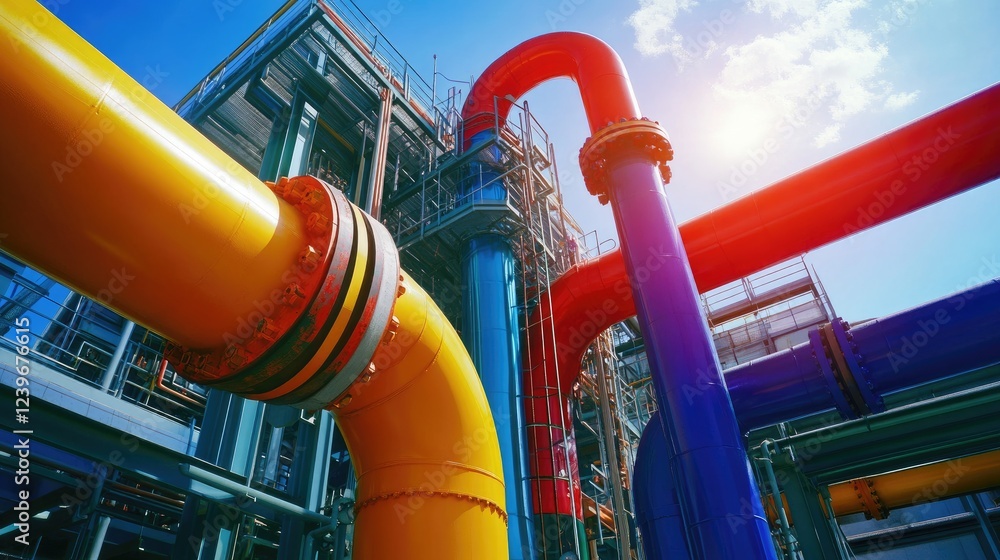 Poster Close-up of an intricate industrial pipeline system with bold, vivid colors and complex technical designs, set against a high-tech landscape under a bright sunny sky.