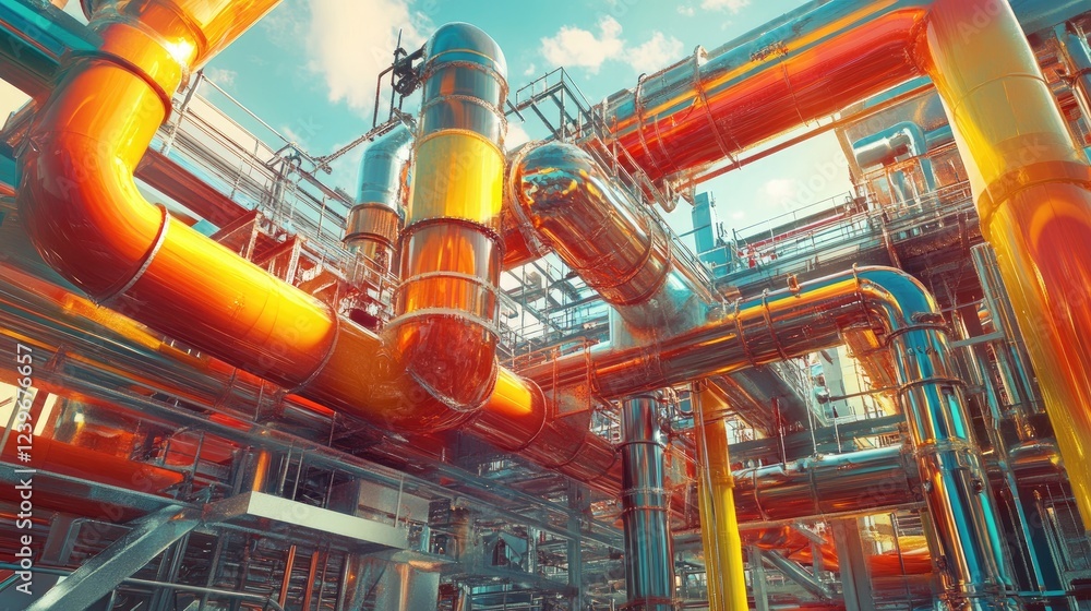 Poster Close-up of an intricate industrial pipeline system with bold, vivid colors and complex technical designs, set against a high-tech landscape under a bright sunny sky.