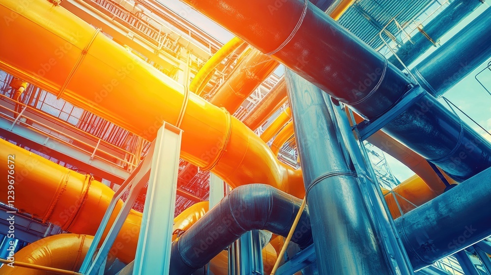 Poster Close-up of an intricate industrial pipeline system with bold, vivid colors and complex technical designs, set against a high-tech landscape under a bright sunny sky.