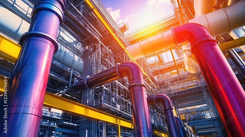 Poster Close-up of an intricate industrial pipeline system with bold, vivid colors and complex technical designs, set against a high-tech landscape under a bright sunny sky.