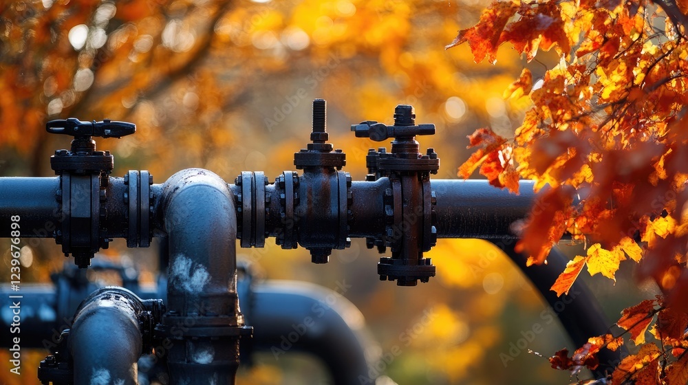 Poster close-up of high-tech pipeline fittings with a backdrop of vibrant autumn foliage, merging innovatio