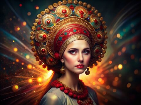 Elegant Russian Kokoshnik Headpiece: Long Exposure Ethnic Costume Photography