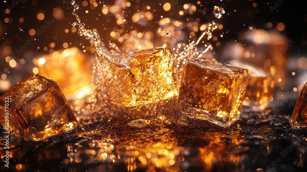 Poster close-up of intricate ice cubes surrounded by whiskey splashes and water droplets, illuminated by wa