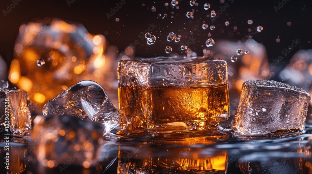 Aufkleber close-up of intricate ice cubes surrounded by whiskey splashes and water droplets, illuminated by wa