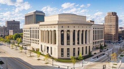 Naklejka premium Top-Down View of the Federal Reserve Structure, Modern Architecture with Large Windows and a Prominent Entrance, Urban Setting, Financial Center, Government Building, Economic Node, Cityscape