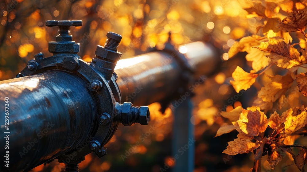 Poster close-up of sophisticated pipeline fittings, complemented by the vibrant hues of autumn foliage, ble