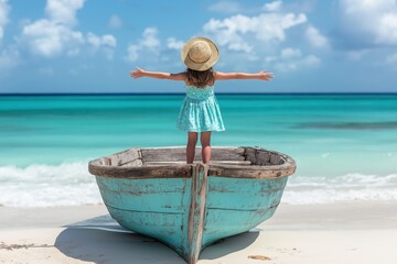 A cheerful child stands on the bow of a weathered boat, arms outstretched towards the serene blue sea, embodying the essence of carefree summer days at the beach