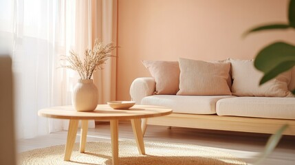 Close-up shot of a minimalistic living room with a trendy peach-colored theme, featuring a wooden coffee table near a comfortable sofa.