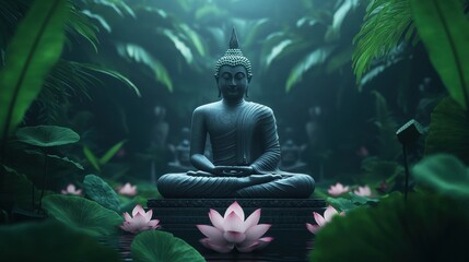 Serene Buddha Statue Surrounded by Lush Greenery and Lotus Flowers