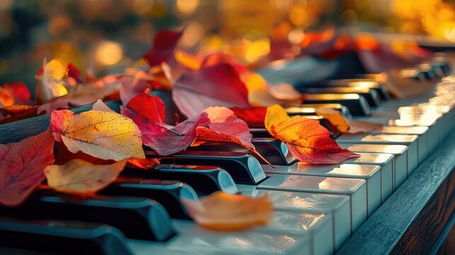 Colorful autumn leaves adorning piano keys, illuminated by soft, diffused sunlight, creating a beautiful fusion of musical creativity and seasonal beauty.
