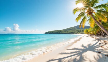 Fototapeta premium Tropical beach with turquoise water and palm trees, travel poster