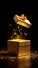 A golden gift box releasing a magical shower of sparkles against a dark backdrop.
Concept of celebration.