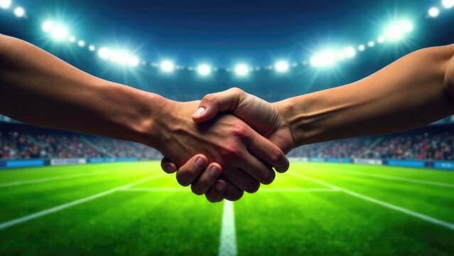 Two hands shaking against a blurred stadium background, representing sportsmanship and agreement. Concept of collaboration. Fair play concept - Powered by Adobe