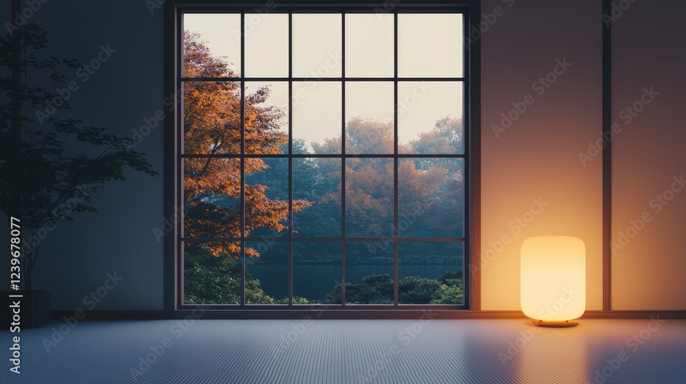 Poster peaceful autumn view through a large window with soft lighting