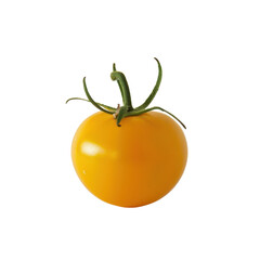 Fresh yellow tomato with green stem, vibrant and ripe, perfect for salads or cooking