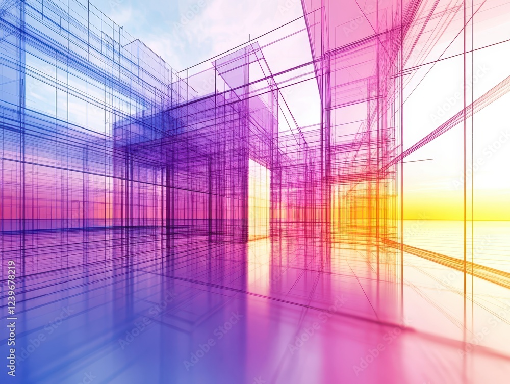 Poster abstract architectural design visualization: colorful wireframe structure of a modern building at su