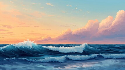 Serene Ocean Waves under Colorful Sunset Sky with Soft Clouds
