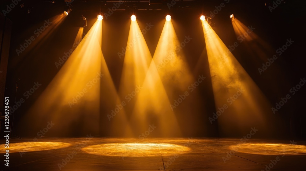 Poster Dynamic yellow and white spotlights create dramatic shadows on a dark stage floor, setting the perfect backdrop for a performance.