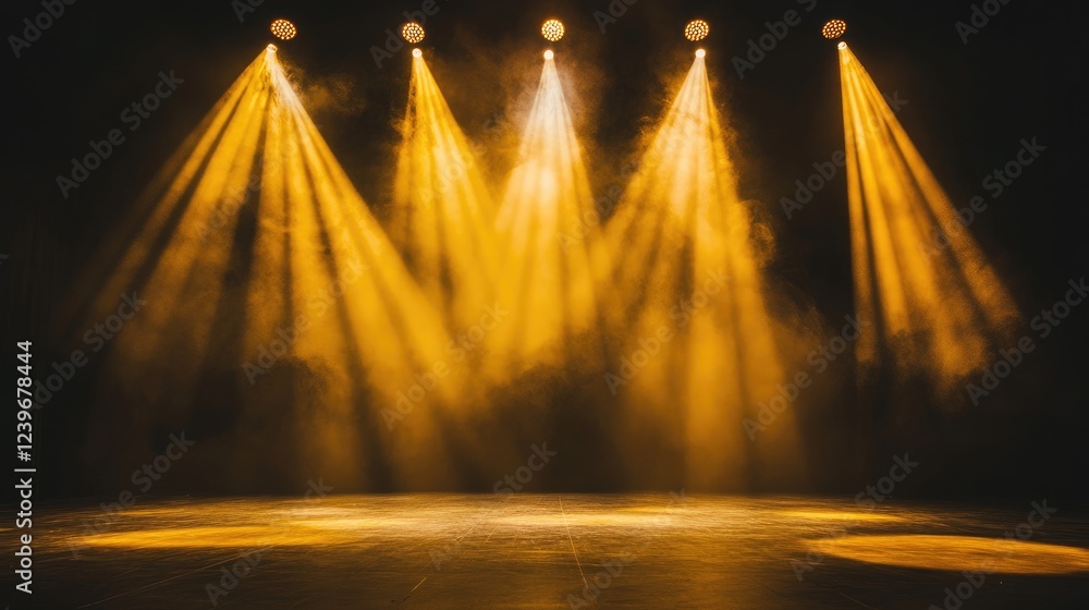 Poster Dynamic yellow and white spotlights create dramatic shadows on a dark stage floor, setting the perfect backdrop for a performance.