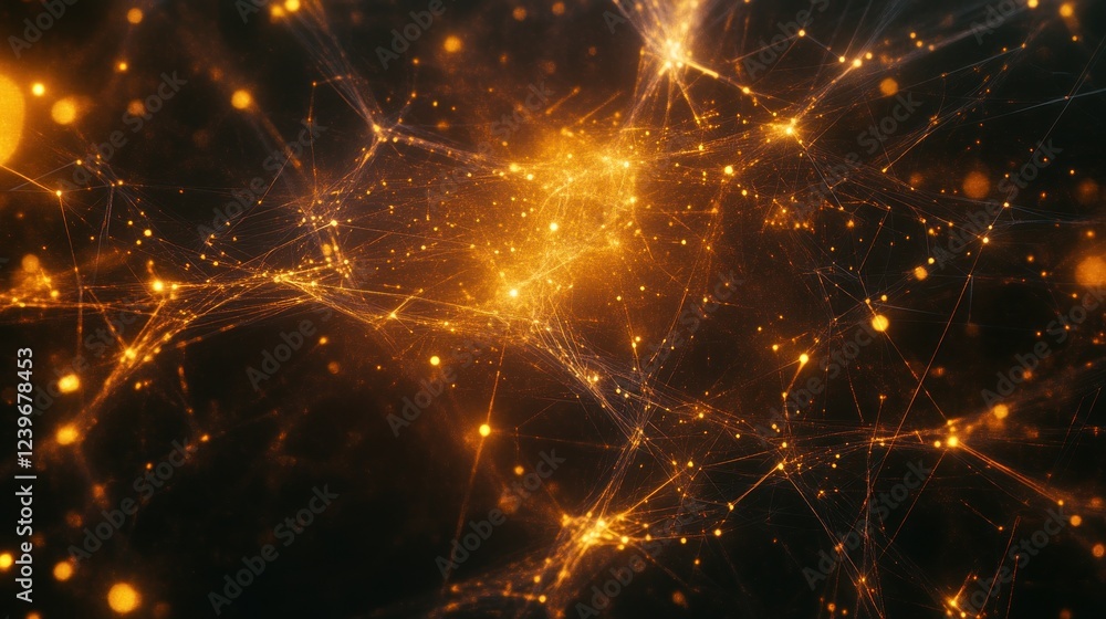 Poster golden interconnected network with glowing nodes for data visualization design