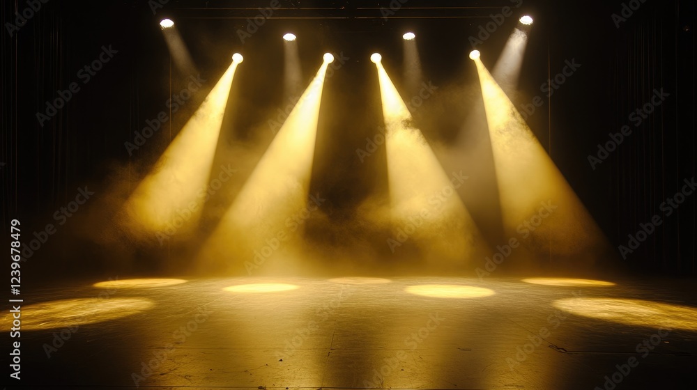Poster Dynamic yellow and white spotlights create dramatic shadows on a dark stage floor, setting the perfect backdrop for a performance.