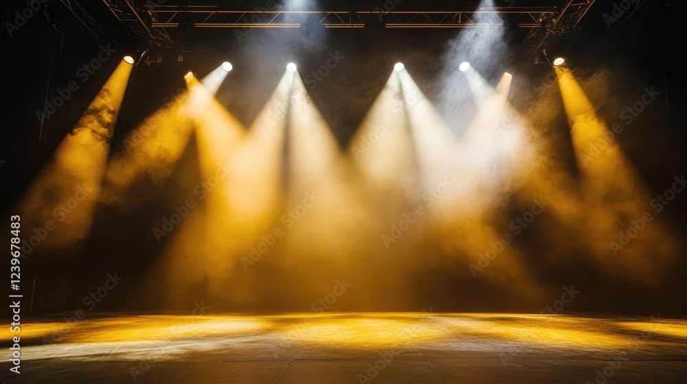 Poster Dynamic yellow and white spotlights create dramatic shadows on a dark stage floor, setting the perfect backdrop for a performance.