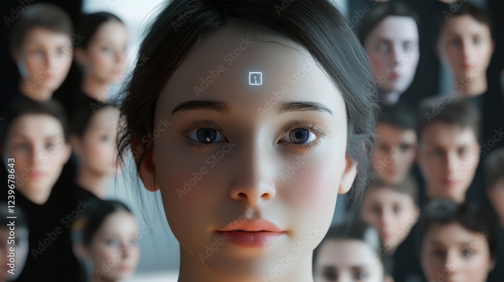 Poster advanced ai humanoid with digital interface among diverse human representation