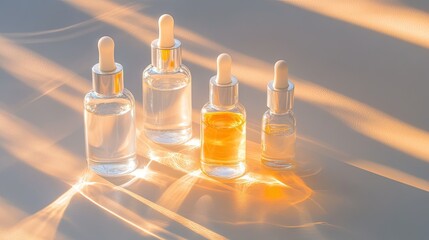 Soft-focus shot of clear skincare serums in glass bottles, illuminated by diffused lighting