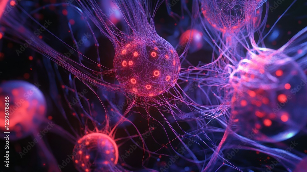 Aufkleber abstract network of interconnected neurons with glowing red nuclei and thin fibers