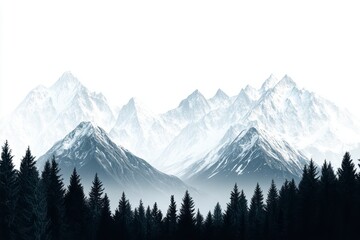 Obraz premium Vector illustration of snowy mountains with a forested landscape, against a white background