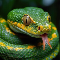 Fototapeta premium Green Snake with Yellow Stripes Coiled Up, Sticking Out Its Tongue