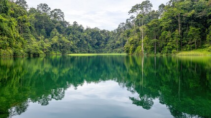 Serene Lake Surrounded by Lush Green Forest and Reflective Water