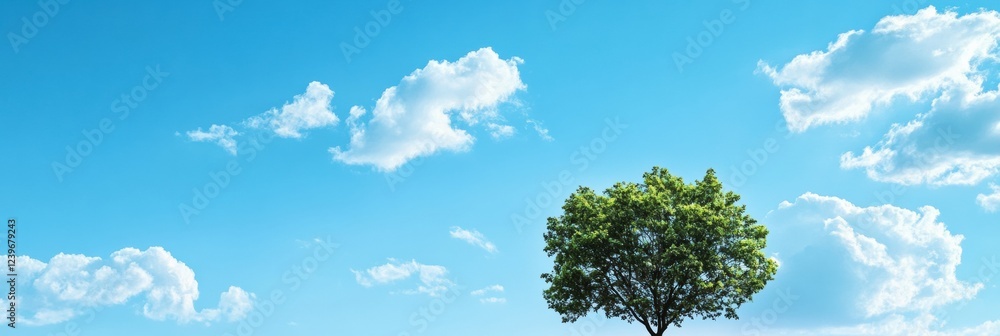 Aufkleber bright blue sky above a solitary green tree in an open field on a sunny day. generative ai