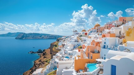 Naklejka premium From a high-angle perspective, the vibrant town of Oia, Santorini, stretches down the cliffside, with whitewashed buildings and blue skies creating a postcard-perfect view.