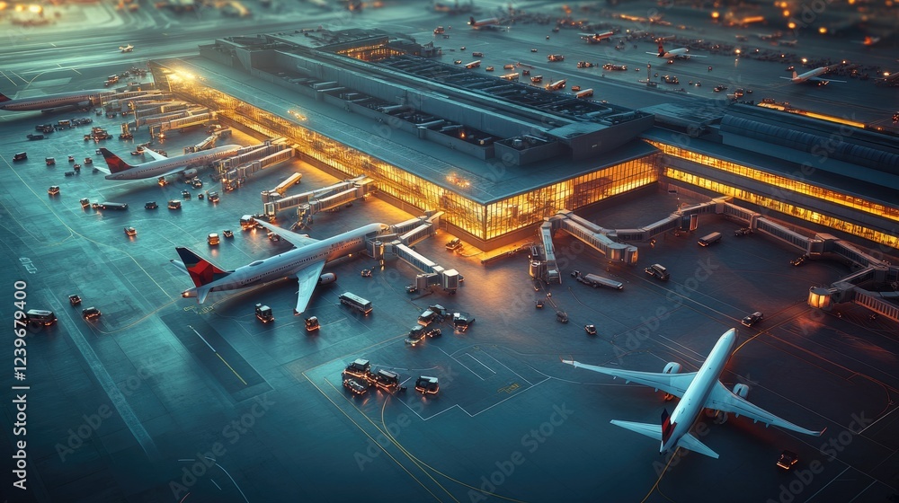 Poster from a high-angle view, the busy airport terminal comes to life as airplanes taxi down the runway, c