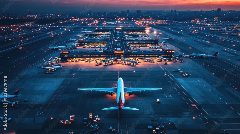 Poster from a high-angle view, the busy airport terminal comes to life as airplanes taxi down the runway, c