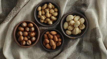 Assorted nuts in bowls on fabric; healthy snack; overhead view